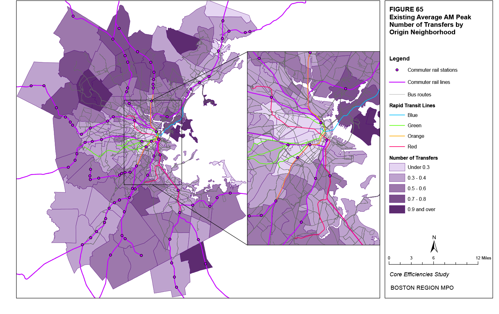 This map shows the existing average AM peak number of transfers for origin trips by neighborhood.